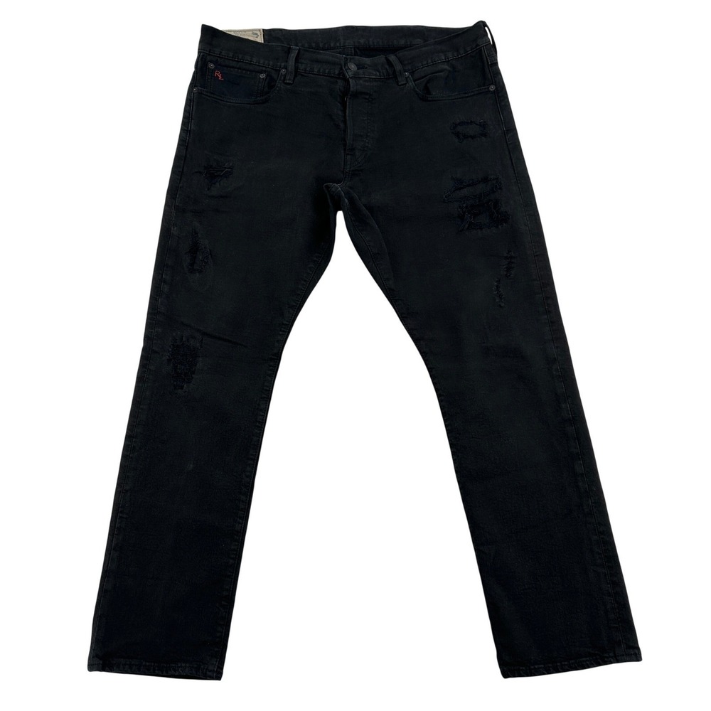 Polo Ralph Lauren Barrel Leg Grunge Distressed Black Jeans Button Fly Men 38x30